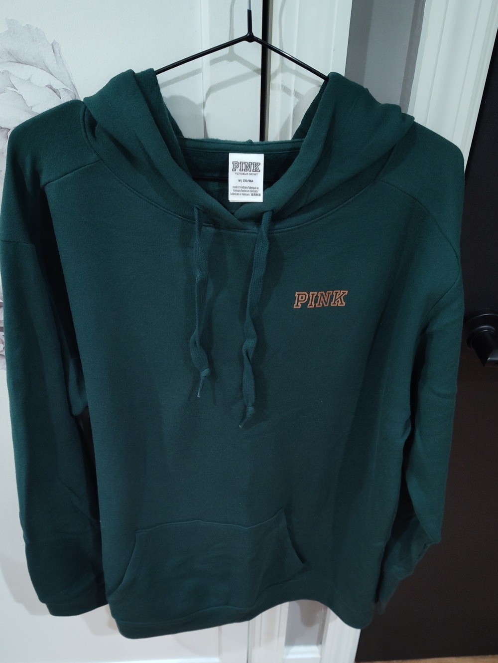 PINK Victoria's Secret Women's Dark Green Crewneck Hoodie with Orange Logo